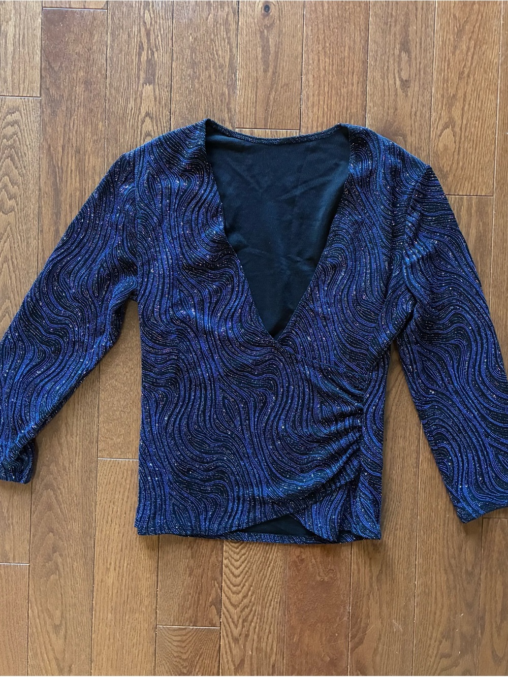 Sparkling Navy Blue and Black Wrap-Style Top